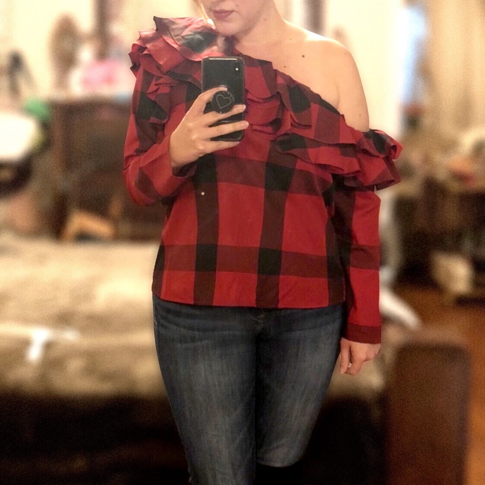 Gresyn Off One Shoulder Ruffle Plaid Checkered Top - Picture 5 of 8